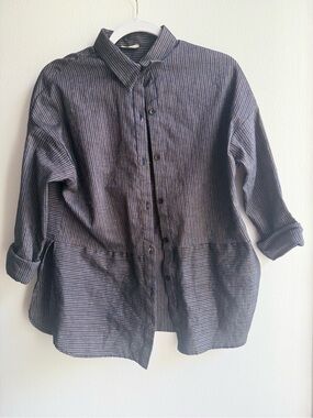 Striped Button-Up Wool Shirt in Navy and Rust